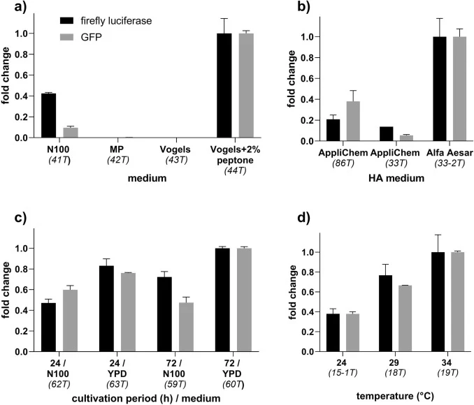 Influence of cultivation medium and growth conditions on translational activity of Neurospora crassa lysates. a) growth medium. b) yeast extract from different manufacturers. c) cultivation period. The fungus was grown in two different media. d) temperature. The lysate number is shown in italics in