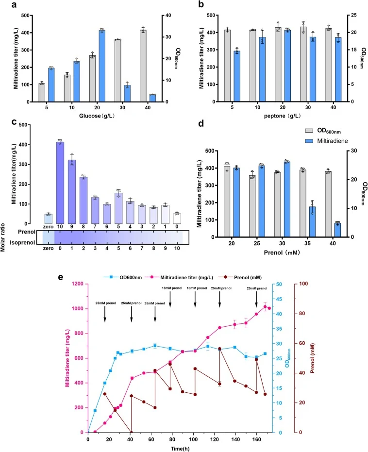 Fermentation optimization and scale-up production of miltiradiene. a Effect of varying the concentration of glucose in YPD medium on the fermentation results of PCM-MT1. b Effect of varying the concentration of peptone in YPD medium on the fermentation results of PCM-MT1. c Effect of different ratio
