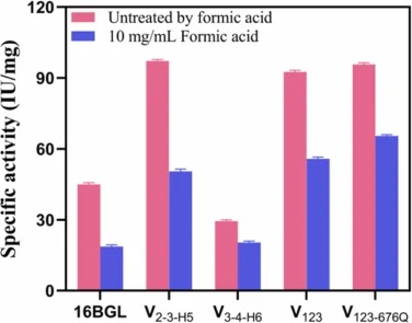 16BGL、V 2–3-H5、V 3–4-H6、V 123 和 V 123–676Q 在 10 mg/mL 甲酸和 0.1% 水杨苷条件下的比活性。