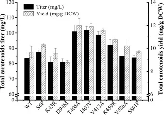 Activation efficiency of the Gal4 single-site mutants. Wild-type Gal4 and Gal4 variants carrying S6P, K43R, I294 M, T406A, I407 V, V413A, K459R, V586A or S801 P mutation were transformed respectively into Ylyc-TS0 and the lycopene production was compared after 72 h of shake-flask fermentation. The e