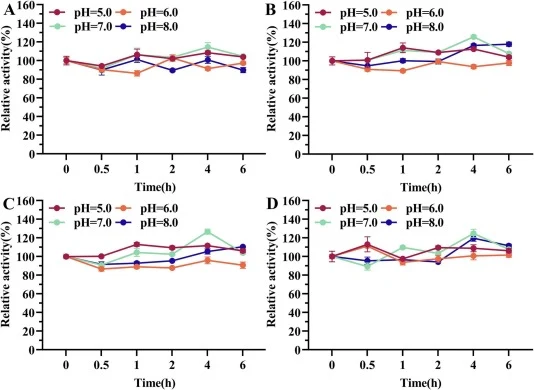 pH stability of BsXyn1 and its beneficial mutants. (A-D) pH stability of BsXyn1 (A), BsXyn1Y79I (B), BsXyn1V81C (C), and BsXyn1S100G (D) after incubation at a series of pHs (5.0, 6.0, 7.0, and 8.0) for 0, 0.5, 1, 2, 4, and 6 h.
