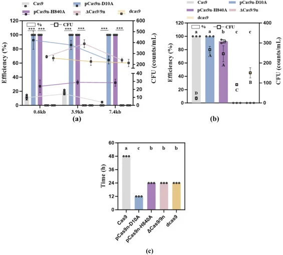 CFU, editing efficiency (a, b) and incubation time (c) for gene editing with CRISPR/Cas9 or CRISPR/Cas9n. All error bars represent the value of standard deviation which were caculated from three biological repeated experiments. (a) Statistical significance of efficiency and CFU were assessed using u