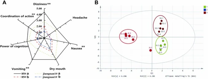 The drinking comfort profiles of huangjiu fermented by S. cerevisiae 85# and jiangnan1#: (A) 0–10 h after drinking is the experience after drinking (sobering stage), (B) 10 hours later is the experience after drinking and sobering up. There was a significant difference between the experimental strai