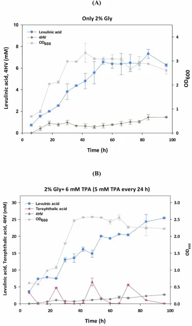TPA feeding strategies and substrate combinations for optimizing LA production in P. putida KT2440 GP102. (A) LA production from 2% glycerol as the sole carbon source. (B) Effect of 2% glycerol supplementation on LA production under 24-h interval TPA feeding, in which 5 mM TPA was added at 24, 48, a