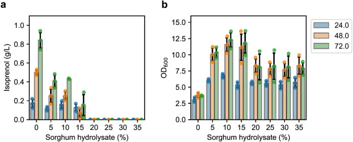 Isoprenol production and growth using hydrolysate. a production of isoprenol by IY1452 and b optical density (OD600). The productions of isoprenol and growth were evaluated in the culture tubes in 5 mL modified M9 minimal medium with varying concentrations of hydrolysate in triplicates. Error bars r