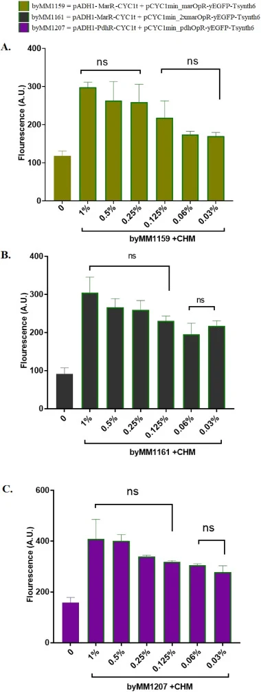 Fluorescence response of the yeast biosensors to the complex hydrocarbon collected from a local auto-mechanic shop. A) byMM1159 = marOp; B) byMM1161 = 2xmarOp; C) byMM1207 = pdhOp . Each bar is the mean fluorescence value (A.U.) of three replicates ± standard deviation (SD). ns = not significant dif