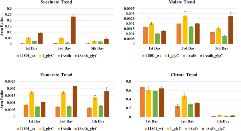 Relative quantification of organic acids involved in the TCA cycle in different engineered strains. Trends for (a) succinate, (b) malate, (c) fumarate, and (d) citrate are displayed. Area ratios normalized to internal standards are plotted across all sampling days (Days 1, 3, and 5), highlighting di