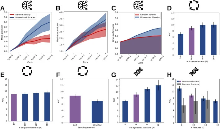 Evaluating process variables for pathway model (A) . In plots D-H, the purple bar represents the baseline scenario ( S = 100 , N = 50 , F = 10 , P = 6 , X = 4 , β = 10 ) . Three categories of process parameters are illustrated with pictograms: parameters related to ML, those related to the DBTL cycl