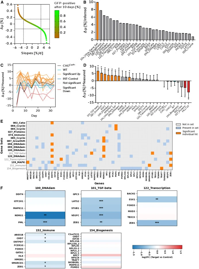 Growth modeling/validation and gene set deconvolution using slope-based inference and transcriptomics (A) Relationship between GFP slope (%/day) and inferred relative growth rate (Δμ), modeled using a logit transformation anchored to a reference growth rate of 0.9241 days−1. Slopes between −3%/day a