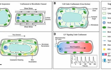 Mechanobiology of plant cells under microfluidic confinement. ( A ) Comparison of bulk suspension and confined cell in a