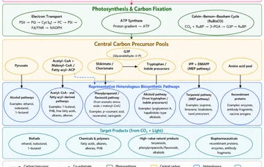Metabolic network overview of heterologous biosynthetic pathways in engineered cyanobacteria. Abbreviations: PSII, photo