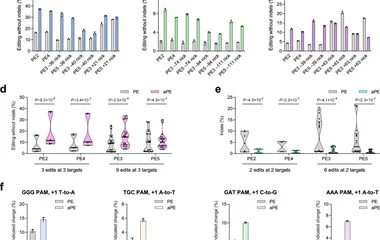Editing efficiency of PE2, PE3, PE4, and PE5 with or without AcrIIA5 for HEK2 , +3 C-to-A ( a ), HEK5 , +2 C-to-T ( b ),