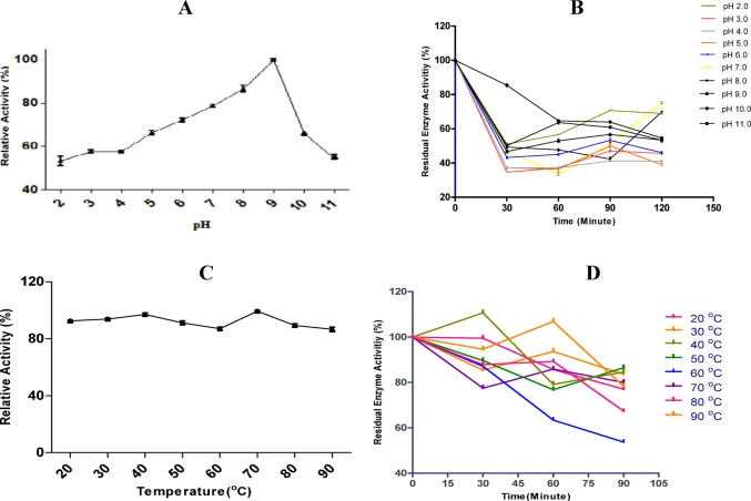 ( A – B ) Effect of pH on the relative activity ( A ) and stability ( B ) of purified laccase. While the effect of pH on relative activity, the laccase was incubated in four different buffer systems (Glycine – HCl buffer at pH 2.0-3.0, sodium acetate buffer at pH 4.0–5.0, sodium phosphate buffer at