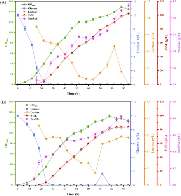 菌株S20(A)和S18(B)在5-L生物反应器中生产3’-SL