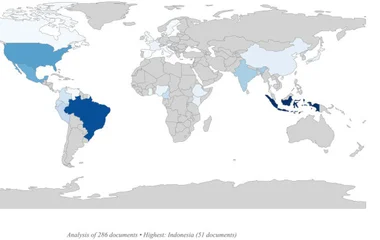 Geographic distribution of scientific production on Trichoderma in coffee and cacao agroecosystems worldwide.