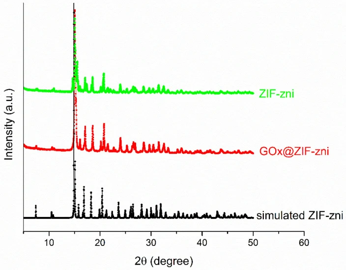 模拟ZIF-zni、ZIF-zni及GOx@ZIF-zni生物复合物的模拟PXRD图谱,该生物复合物由20 mM Zn²⁺和Zn:Im=1:50制得,经蒸馏水洗涤并风干。
