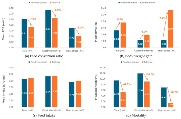 Effect of dietary S. cerevisiae (orange bar) supplementation on broiler chickens challenged with Clostridium or exposed to heat stress: ( a ) Feed conversion ratio (FCR); ( b ) body weight gain (BWG); ( c ) feed intake; and ( d ) mortality.