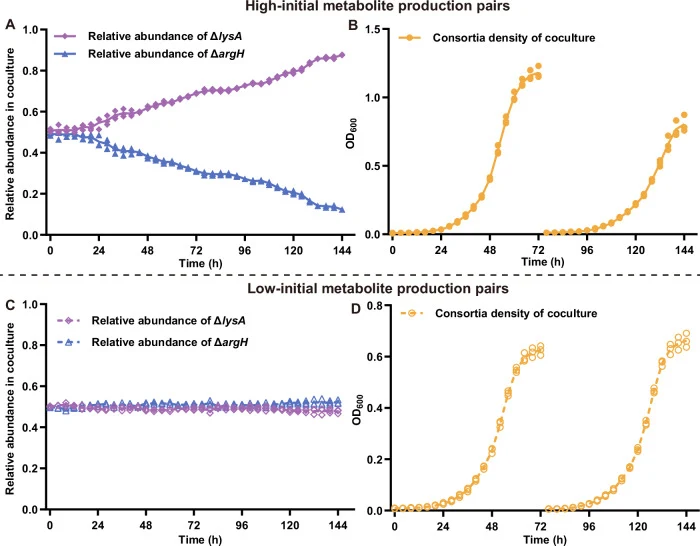 Cocultures were assembled from either high-initial metabolite production pairs ( A , B ) or low-initial metabolite production pairs ( C , D ). Cultures were grown for 72 h (Passage 1), diluted 1:100 into fresh M9 medium, and incubated for an additional 72 h (Passage 2). All assays were performed wit