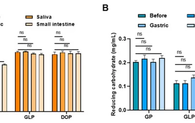 Changes in total carbohydrate and reducing carbohydrate contents of GP, GLP, and DOP during in vitro digestion. ( A ) To