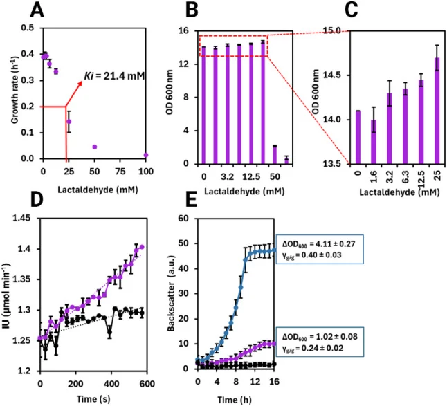Growth rates of C. glutamicum wild-type in 1% glucose minimal medium supplemented with 0, 1.56, 3.13,6.25, 25, 50, or 100 mM of l -lactaldehyde ( A ). Final OD600 values of C. glutamicum wild-type in 1% glucose minimal medium supplemented with 0, 1.56, 3.13, 6.25, 25, 50, or 100 mM of l -lactaldehyd