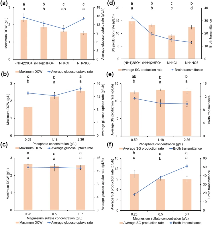 Effects of nitrogen sources, phosphate levels, and magnesium sulfate concentrations on cell growth, glucose metabolism, product synthesis, and broth pigmentation. (a–c) Impact on cell growth and glucose consumption: (a) Influence of different nitrogen sources [(NH 4 ) 2 SO 4 , (NH 4 ) 2 HPO 4 , NH 4