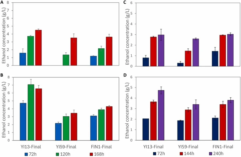 Ethanol concentrations produced during fermentation of xylose and xylan by engineered natural yeast strains. Graphs show the average ethanol concentration (g/L) for three cultures of each strain grown under anaerobic conditions. Cultures were grown on a) synthetic complete (SCX) medium or b) YPX med