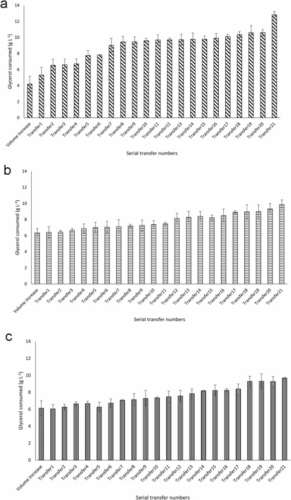 Adaptation of thirteen S. cerevisiae Strain3 to different initial glycerol concentrations by serial transfers. Data are presented as the mean ± standard deviation of three independent biological replicates. (a) 20 g L−1 glycerol concentration. (b) 60 g L−1 glycerol concentration. (c) 100 g L−1 glyce