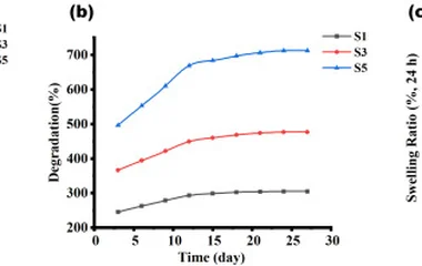 (a) Equilibrium swelling ratio of S1, S3, and S5 hydrogels. (b) In vitro degradation rate of S1, S3, and S5 hydrogels. (