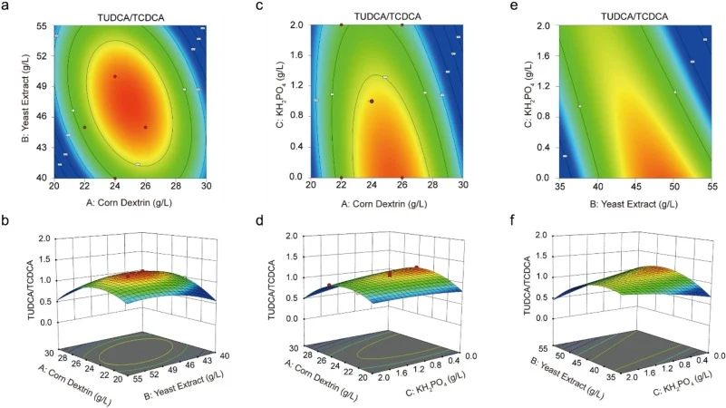 Interaction effects between medium components on TUDCA/TCDCA ratio predicted by RSM. corn dextrin (X1), yeast extract (X2), and KH2PO4 (X3). (a) Contour plot of the interaction between X1 and X2. (b) Three-dimensional response surface of X1 and X2. (c) Contour plot of the interaction between X1 and