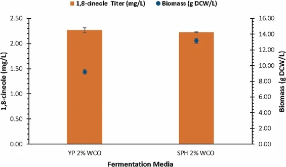 Evaluation of soy protein hydrolysate (SPH) as a nitrogen source for 1,8-cineole production in comparison to yeast extract and peptone. YP 2 % G represents yeast extract and peptone with 2 % glucose media. SPH 2 % G represents SPH with 2 % glucose media. Bars represent 1,8-cineole titers and dots re