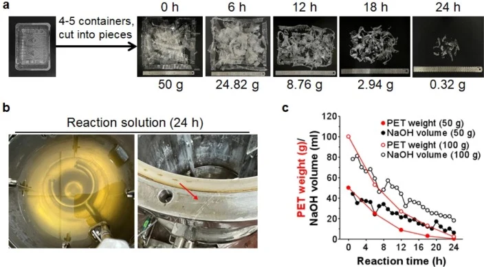 Large-scale PET decomposition in a reactor. (a) Pictures of 50 g PET containers (X c, 13.18 %) that were cut into pieces and decomposed by 5 μg mL−1 Pp-FAST-PETase-212/277 (powder form) in a 30-L reactor. The residual PET in the reactor were collected, dried, photographed and weighed (shown below ea