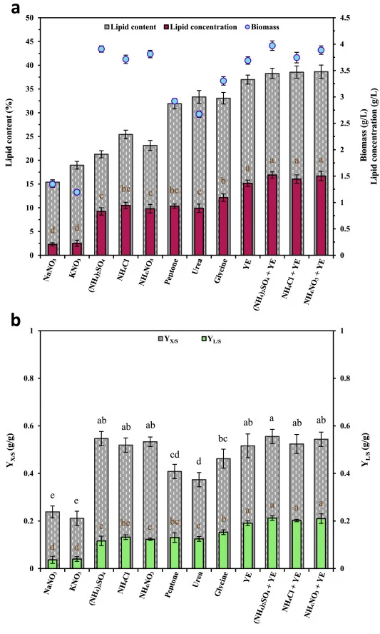 Impact of nitrogen source on lipid content, cell biomass and lipid concentration (a) and biomass yield (YX/S) and lipid yield (YL/S) (b) during batch cultivation of Y. lipolytica in the LRKBL at C/N = 20. Cultivation conditions: 150 rpm, 30 °C and 60 h. Different letters indicate significant differe