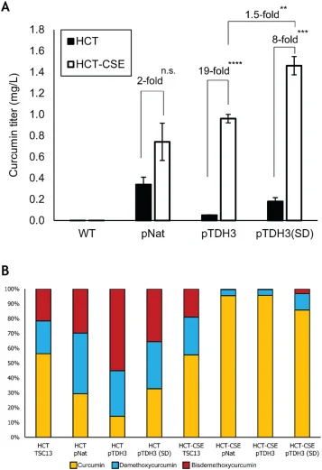 Curcumin titers and curcuminoid proportions produced by the yeast strains. Curcumin titers in mg/L for yeast strains with the HCT (filled black bar) and the HCT-CSE pathway (empty white bar), each with the knockout status (A). TSC13 refers to yeast strains with endogenous TSC13, pNat refers to yeast