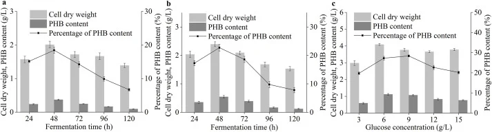 Effects of single factors on cell dry weight and PHB yield of Bacillus sp. X-3 during PHB synthesis using U. prolifera. Notes: 1)a & b. Effects of fermentation time on cell dry weight and PHB content using U. prolifera water extract without (a) or with salt (b). c. Effects of glucose content on cell