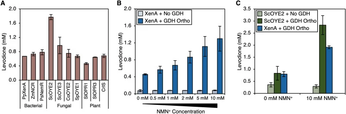 Optimization of NMN(H)-Dependent Cycling System in S. cerevisiae. A) Bioprospecting different enoate reductases for biocatalysis. Enoate reductase candidates were expressed with GDH Ortho in permeabilized S. cerevisiae resting cells, supplied 2 mM NMN+, and analyzed for levodione production. Reactio