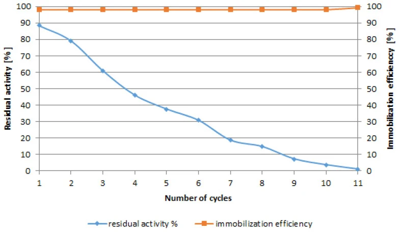 Reusability of the immobilized crude extracellular laccase preparation based on laccase activity measured using ABTS.