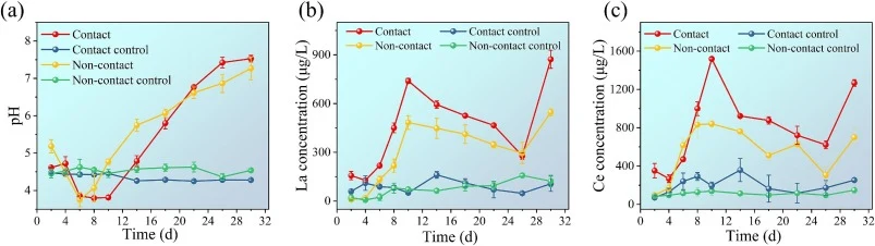 界面接触实验中pH(a)、La(b)和Ce(c)浓度的变化
