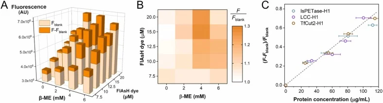 (A) The fluorescence intensity of IsPETase-H1 expressing system (F) and no DNA system (F blank) with varying concentrations of FlAsH-EDT2 and β-ME added at the start of the CFS reaction (Ex:485 nm, Em:530 nm). (B) The corresponding signal-to-noise ratio (F-F blank/F blank) plot. (C) Fluorescence int