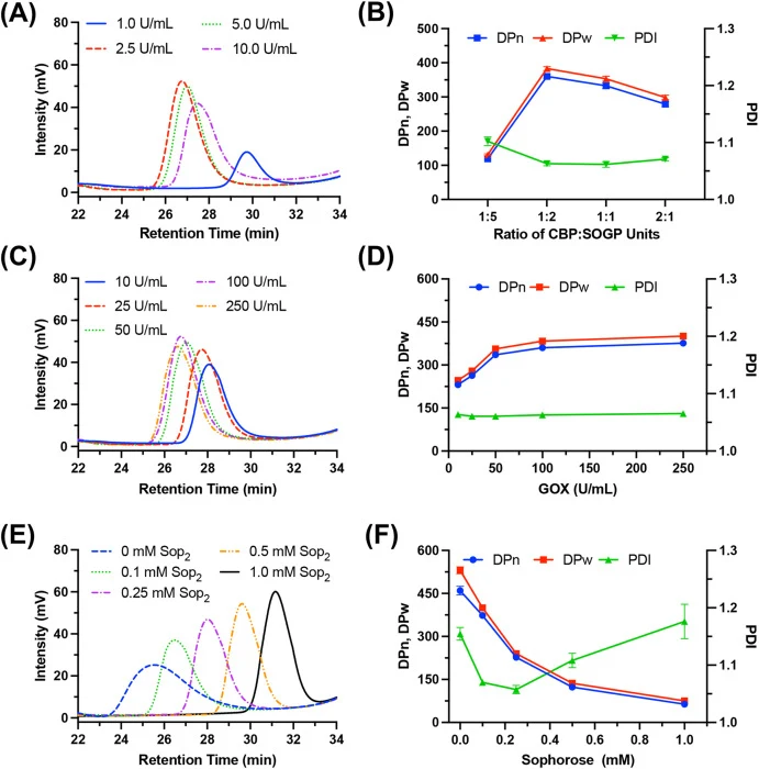 利用CBP、SOGP、GOX和CAT并借助CaCO3自动中和pH实现纤维二糖到β-1,2-葡聚糖生物合成中的精确分子量控制。(A)和(B)为不同CBP/SOGP比例对β-1,2-葡聚糖聚合度(DP)和分散性指数(PDI)的影响;(C)和(D)为不同GOX浓度对DP和PDI的影响。