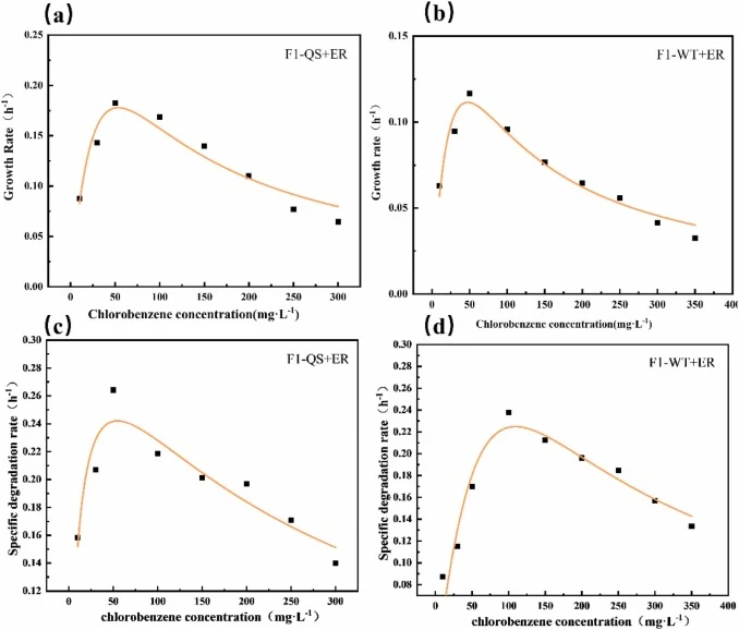 F1-QS+ER系统(a)和F1-WT+ER系统(b)的比生长动力学,以及F1-QS+ER系统(c)和F1-WT+ER系统(d)的比降解动力学。点表示实验数据,线表示拟合的动力学模型。