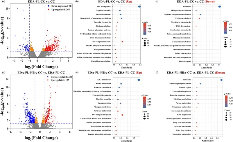 Volcano map and functional annotation of differentially expressed genes in lignin-derived compounds assisted with the co-culture system (CC). (a) volcano map comparing ethylenediamine-pretreated lignin (EDA-PL) assisted with CC vs. CC; (d) volcano map comparing EDA-PL and p-hydroxybenzoic acid assis