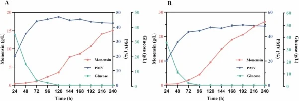 Batch fermentation profiles of the original strain and the engineered strain S27 in a 5-L bioreactor. (A) Time course of the original strain M6002. Parameters shown: monensin titer (g/L), PMV (%), and residual glucose concentration (g/L). (B) Time course of the engineered strain S27. All parameters