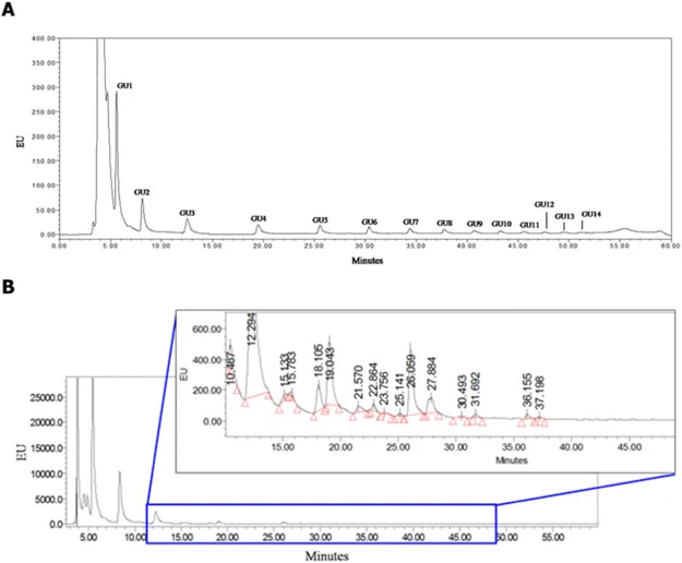 Normal-phase HPLC analysis of 2-AA labeled oligosaccharides derived from hydrazinolysis treated AnCUT3. (A) Dextran calibration ladder. HPLC analysis of dextran ladder standard labeled with 2-AA for determination of glycan unit (GU) values. (B) HPLC analysis of 2-AA fluorescently-labeled glycans fro