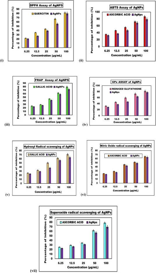 Antioxidant potential of AgNPs was evaluated using (i) DPPH (IC50 = 47.75 ± 0.65 μg/mL), (ii) ABTS (IC50 = 33.35 ± 0.55 μg/mL),(iii) FRAP (IC50 = 49.0 ± 0.72 μg/mL), (iv) GPx (IC50 = 37.4 ± 0.53 μg/mL), (v) hydrogen peroxide (IC50 = 57.43 ± 0.71 μg/mL), (vi) nitric oxide (IC50 = 61.1 ± 0.83 μg/mL),