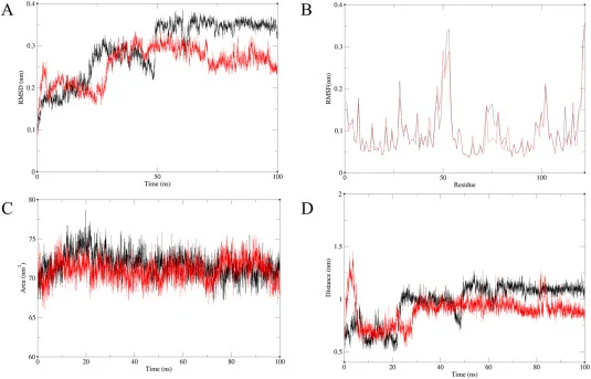 MD simulations of SvPLA 2 -WT and N21E/I84L/Q116M. The results of SvPLA2-WT are shown as black lines and those of N21E/I84L/Q116M as red lines. (A) Comparison of the RMSD of the SvPLA2-WT and N21E/I84L/Q116M, (B) RMSF of the SvPLA2-WT and N21E/I84L/Q116M, (C) Comparison of the SASA of the SvPLA2-WT