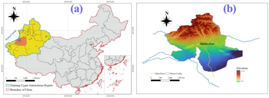 Study area location and topography: (a) Geographic position within Xinjiang Uygur Autonomous Region, China; (b) Elevation gradient of Wensu County showing the experimental station location.