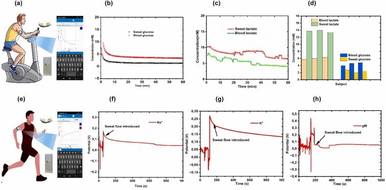 On body measurement of STE based glucose, lactate, Na+, K+ and pH sensor. (a) Stationary exercise integrated with STE metabolites biosensor. (b) Measuring glucose from both sweat and blood after performing stationary cycling. (c) Lactate measurement (sweat and blood) after stationary cycling perform