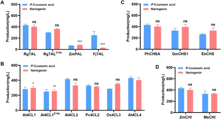 Screening of optimal enzyme orthologs based on (2S)-naringenin yield in the CFPS-4CL system. (A) Screening of optimal TAL orthologs. (B) Screening of optimal 4CL orthologs. (C) Screening of optimal CHS orthologs. (D) Screening of optimal CHI orthologs. In CFPS-4CL reactions, the concentration of eac