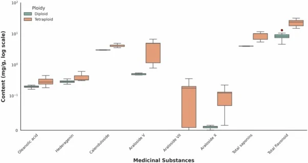 Comparison of medicinal substance contents between diploid and tetraploid plants. Data are presented as box plots (n = 3 biological replicates per group, with each replicate pooled from approximately three plantlets). The horizontal line inside each box represents the median. The box spans the inter