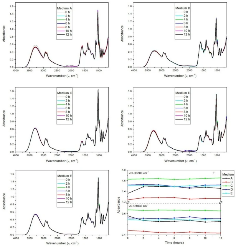 ATR-FTIR spectra of B. subtilis culture supernatants at different cultivation times and under different yeast extract and glycerol combinations. (A) 2.5 g L−1 of glycerol and 2 g L−1 of yeast extract; (B) 2.5 g L−1 of glycerol and 4 g L−1 of yeast extract; (C) 7.5 g L−1 of glycerol and 2 g L−1 of ye